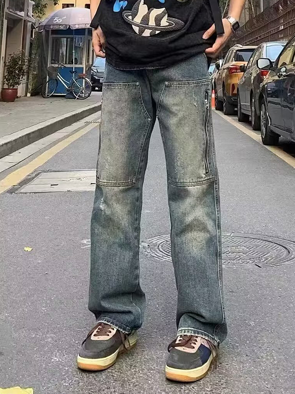 Herren-Cargojeans im Used-Look mit Reißverschlusstaschen