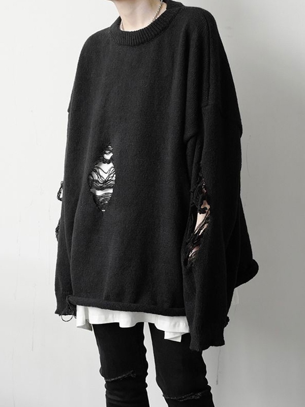 Einfarbiger, zerrissener Herrenpullover mit Rundhalsausschnitt