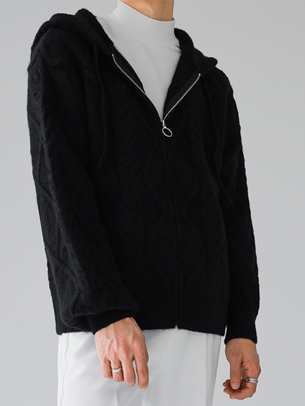 Übergroßer Herren-Kapuzenpullover mit Zopfmuster und Reißverschluss