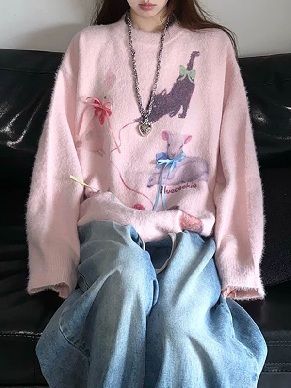 Pullover aus Nerzfell mit Cartoon-Hundemuster