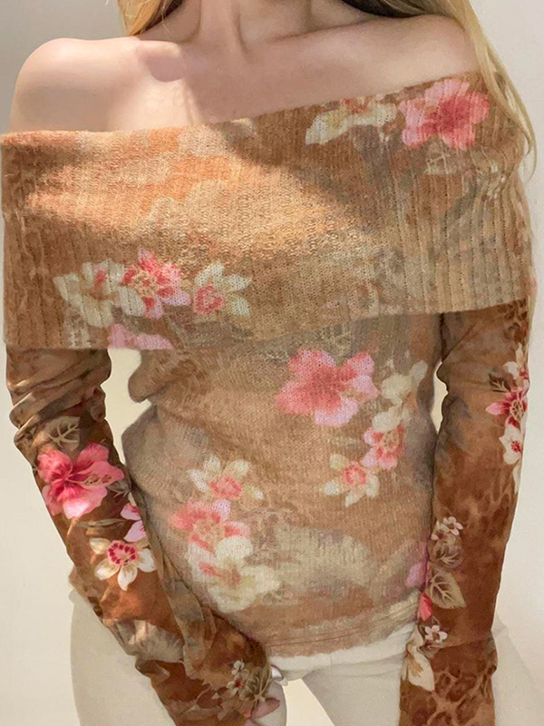 Schulterfreies Top mit langen Ärmeln und Vintage-Blumendruck