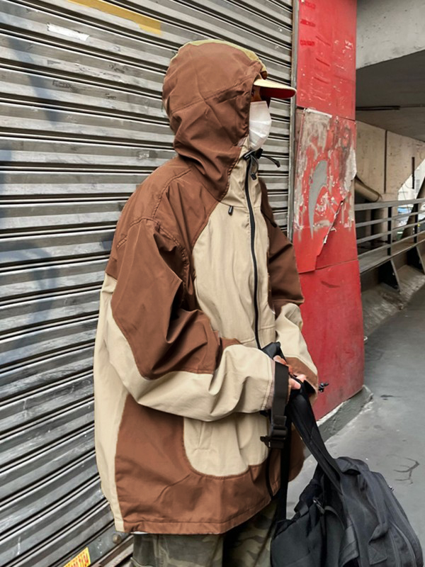 Oversize-Stickerei-Farbblock-Kapuzenjacke mit Reißverschluss