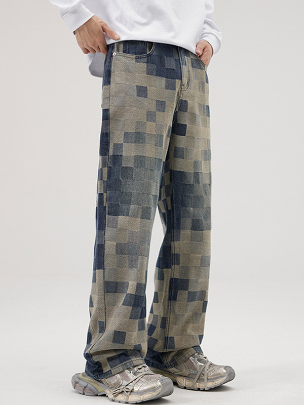 Lockere Jeans mit Mosaik-Schachkartengitter