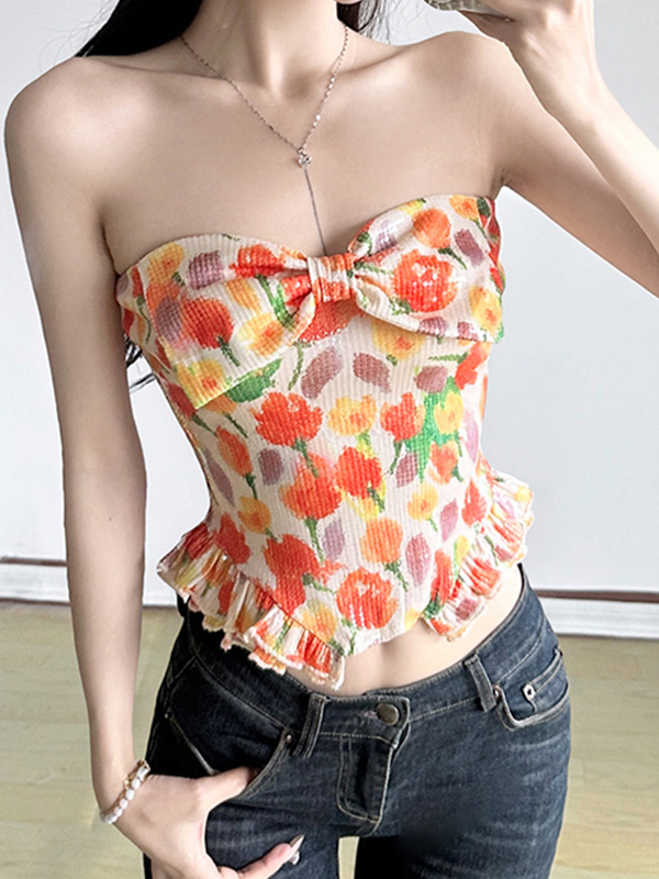 Bandeau-Top mit Tulpen-Print und Schmetterlingen