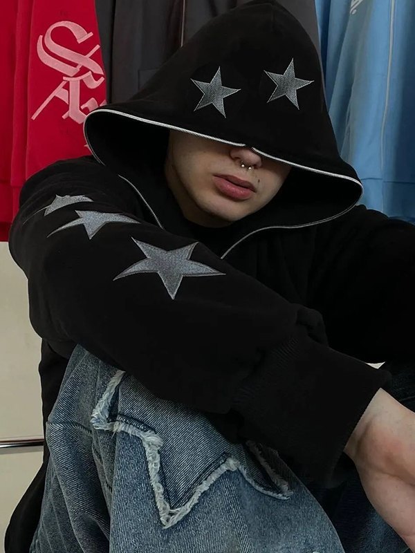 Hoodie mit Reißverschluss für Herren mit Punkstar-Stickerei