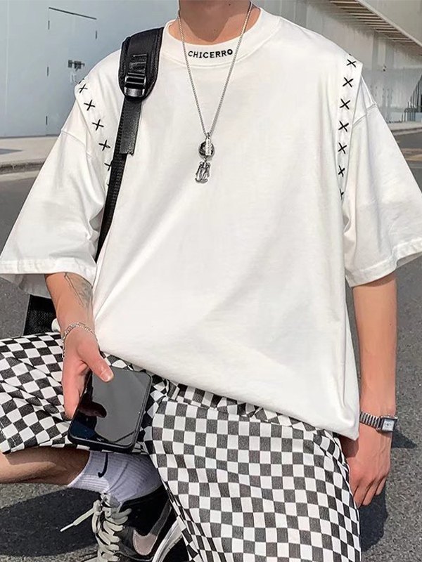 Besticktes Patchwork-Kurzarm-T-Shirt für Herren