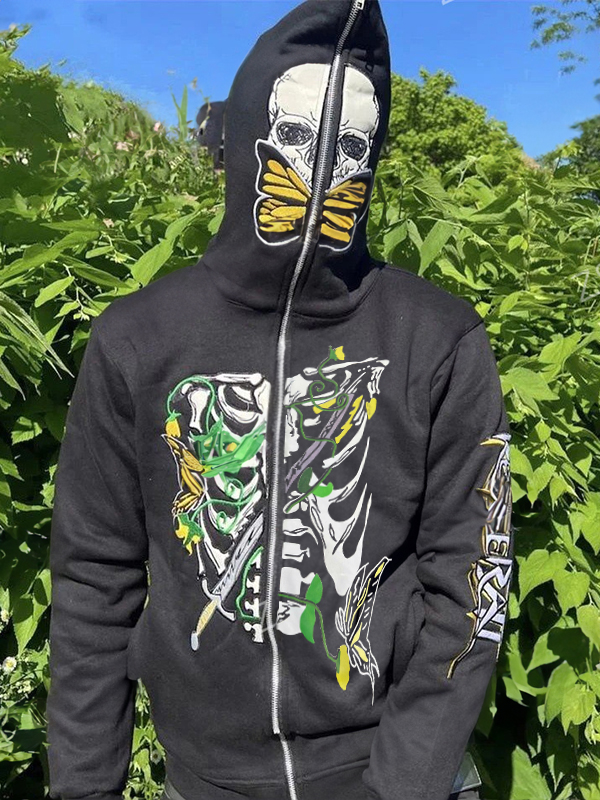 Übergroßer Kapuzenpullover mit Totenkopf-Skelett-Print für Herren
