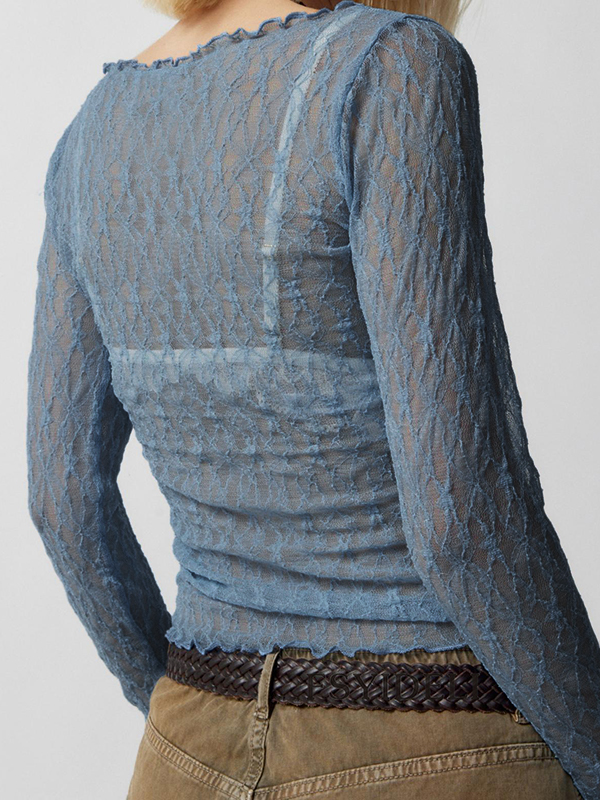 Langärmliges T-Shirt mit Perspektive und Spitzennetz