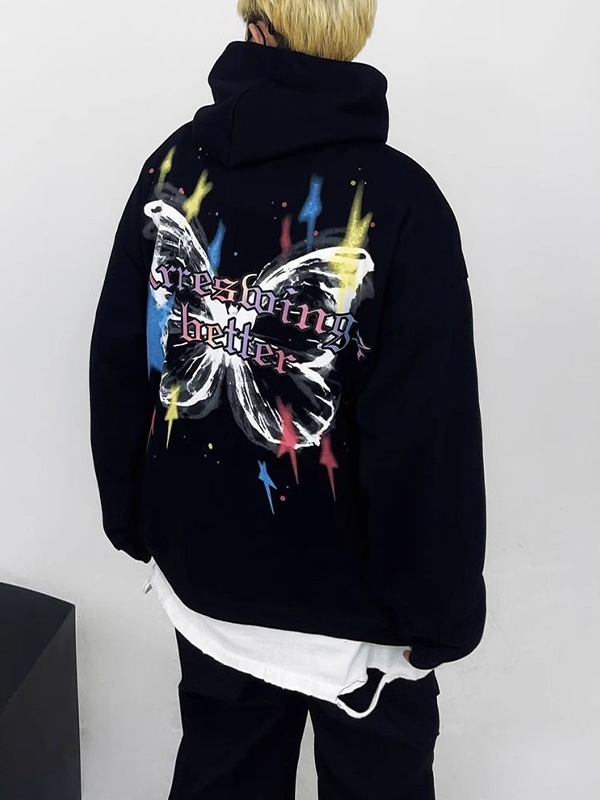 Übergroßer Street-Hoodie für Herren mit buntem Stern-Schmetterlings-Aufdruck
