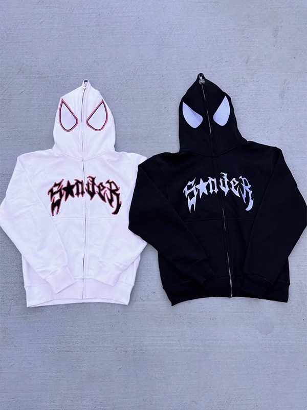 Übergroßer Kapuzenpullover mit durchgehendem Reißverschluss und Punk-Spider-Print für Herren