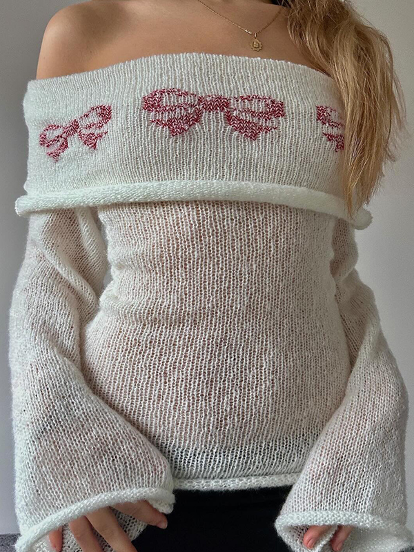 Glockenärmel, eine Schulter, Blumenmuster, lange Ärmel, Strick