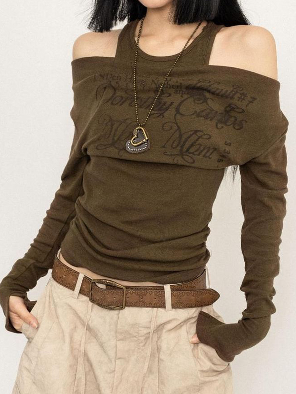 Langarm-T-Shirt mit One-Shoulder-Fake-Zweiteiler-Print