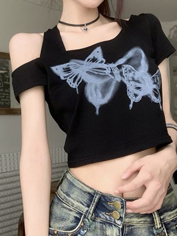 Halsloses, kurzärmliges T-Shirt mit Schmetterlings-Print