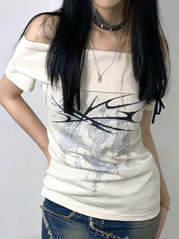 Kurzarm-T-Shirt mit One-Shoulder-Print