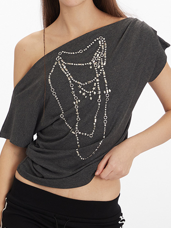 Kurzarm-T-Shirt mit One-Shoulder-Print