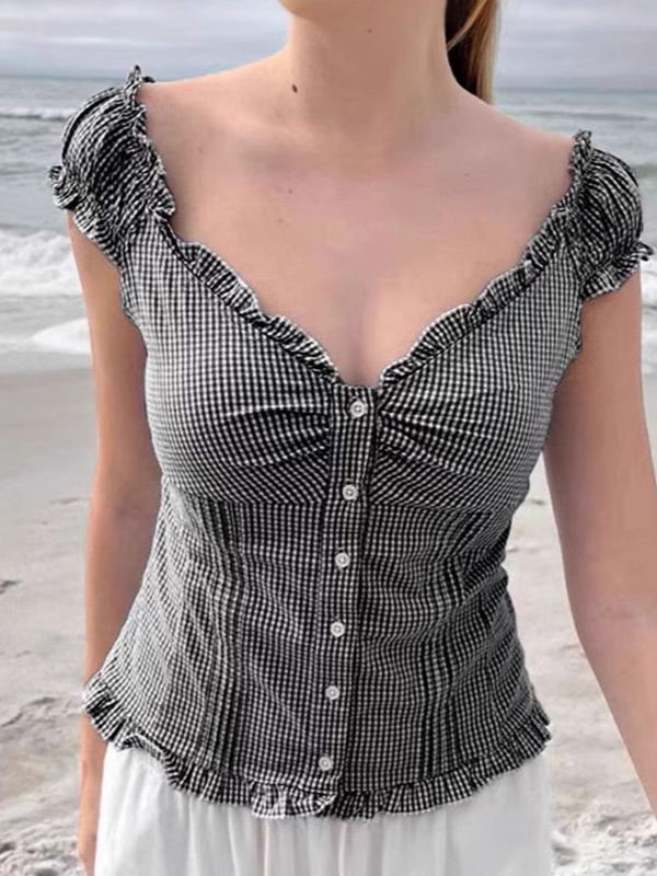 Ruffled V Neck Short Sleeve Tee