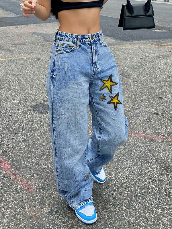 Boyfriend-Jeans mit geradem Bein und Basic-Waschungsdruck