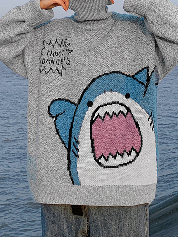 Rollkragen-Pullover mit Cartoon-Haifisch für Herren