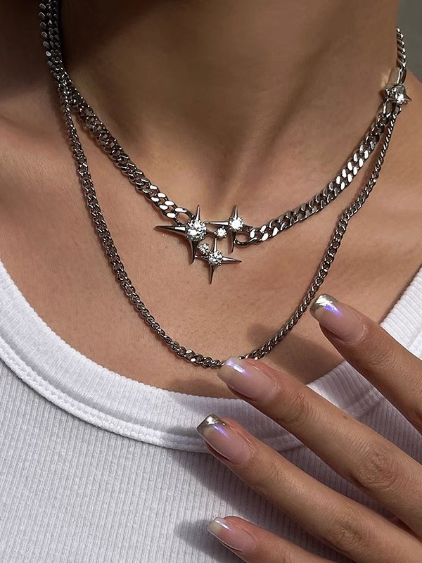 Doppellagige Kette mit Strass-Stern-Charme-Halskette