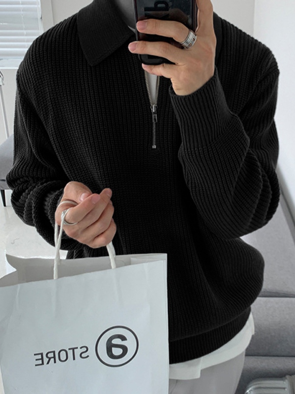 Herren-Strickpullover mit halbem Reißverschluss und Revers