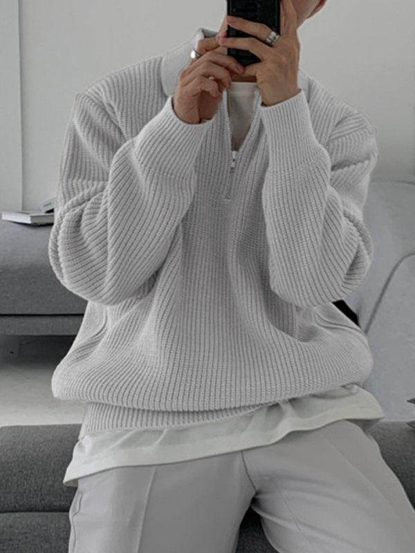 Herren-Strickpullover mit halbem Reißverschluss und Revers