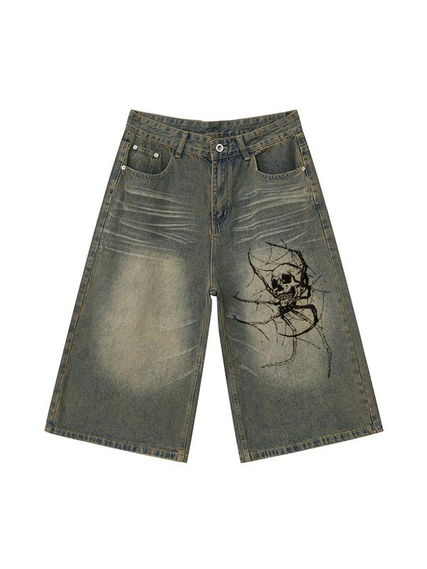 Lockere Jeansshorts für Herren mit Totenkopf- und Spinnen-Print
